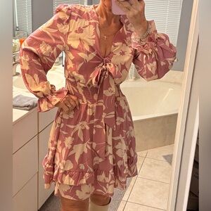Abela Story Pink Floral Tie Front Dress Small Smocked Waist Boho Mini Flowy